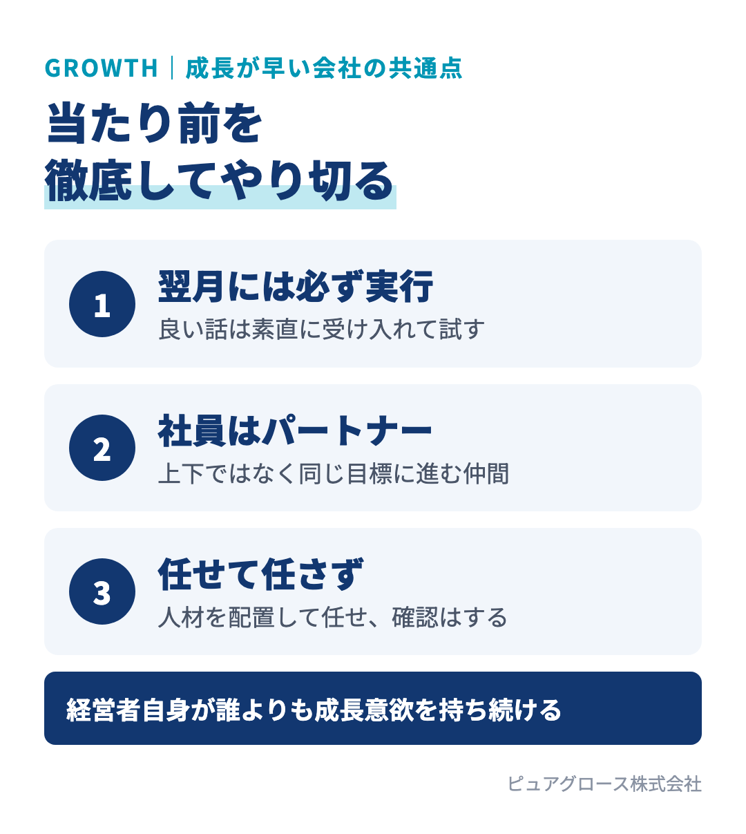 成長が早い工務店の3つの理由：決めたことを翌月には必ず実行する、社長と社員は同じ目標に進むパートナー、苦手な領域は任せて任さず