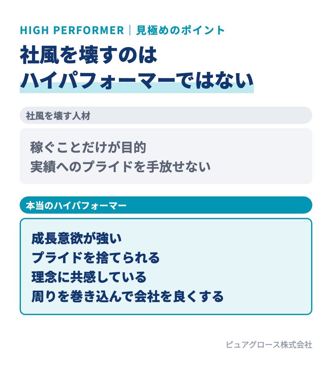 本当のハイパフォーマーと社風を壊す人材の違い:成長意欲、プライドを捨てられる、理念共感、周囲を巻き込む