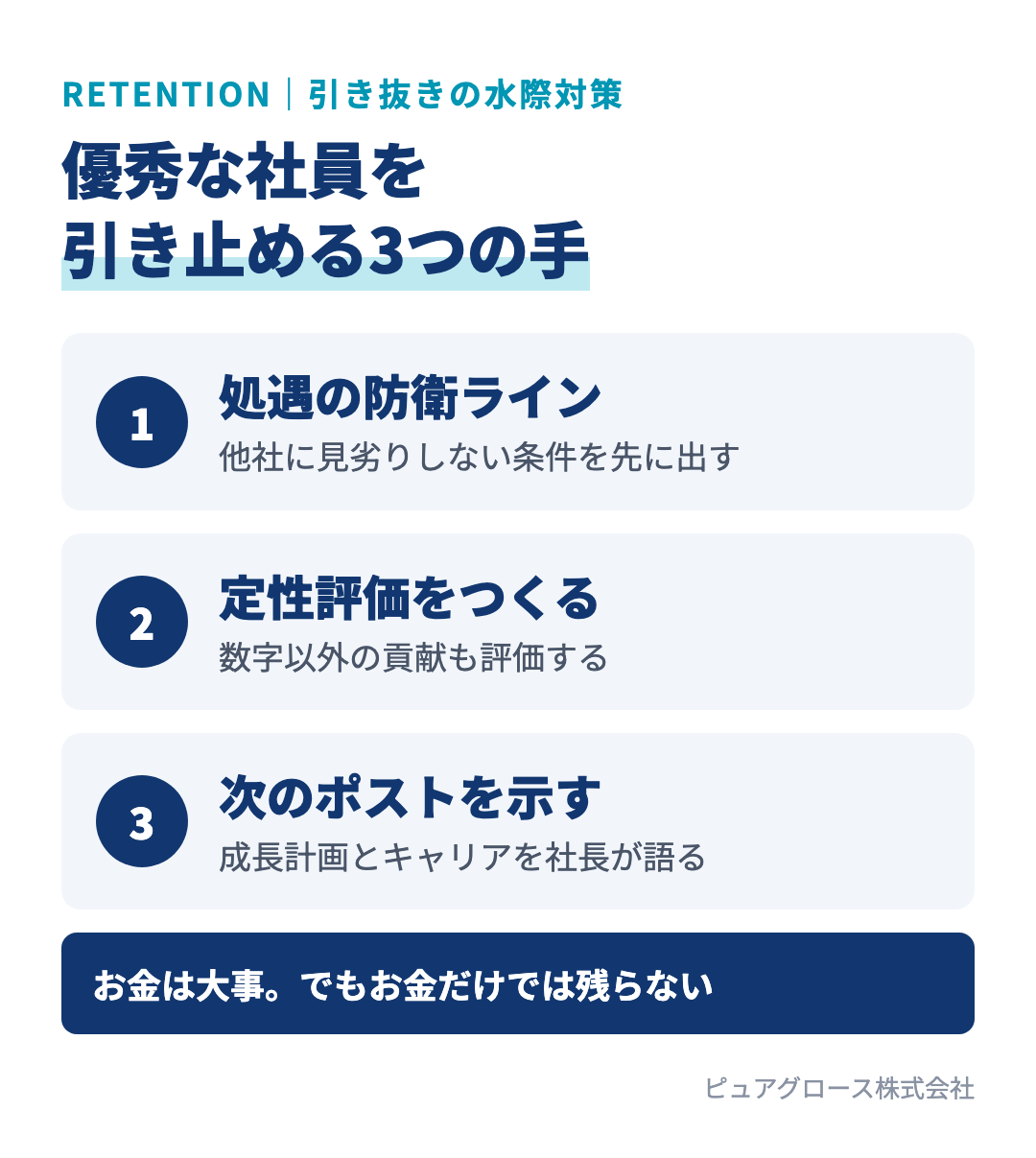 優秀な社員を引き止める3つの対策：他社に見劣りしない処遇を先に出す、数字以外の定性評価をつくる、社長の言葉で次のポストを示す
