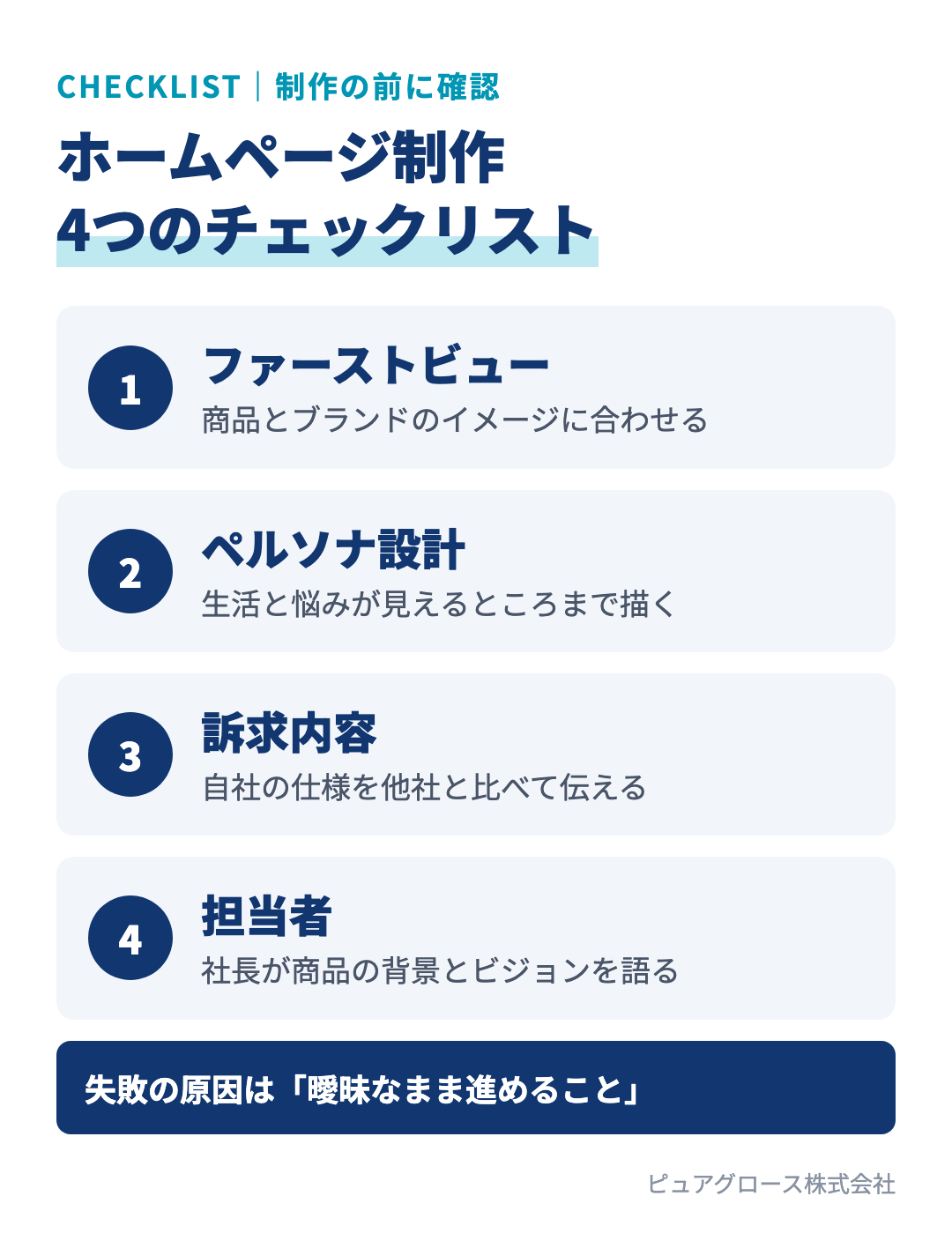 ホームページ制作で失敗しないための4つのチェックリスト:ファーストビューを会社の特徴に合わせる、ペルソナを生活が見えるまで描く、仕様を他社と比べて伝える、社長が制作に関わる